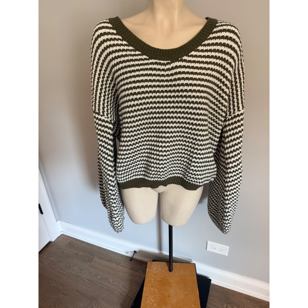 Petal + Pup Striped Knit Sweater Olive Green White Balloon Sleeve Large